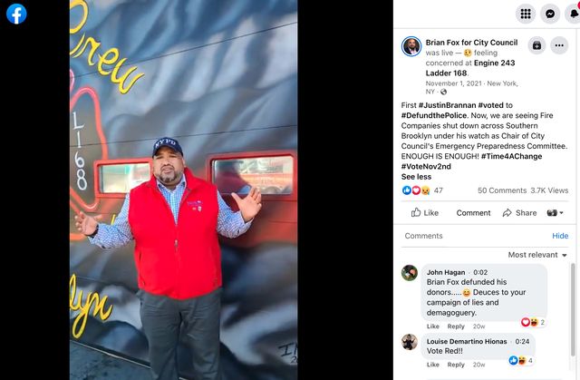 Brian Fox, who was a candidate for office for the 43rd Council District seat in Brooklyn, post this video to Facebook with a message to the right reading his opponent voted to "defund the police."